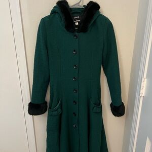Green Hooded Coat with Black Fur Trim